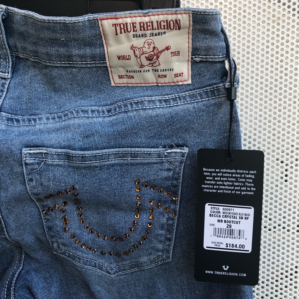 True Religion Light Blue Bootcut Jeans with Amber Crystal Accent